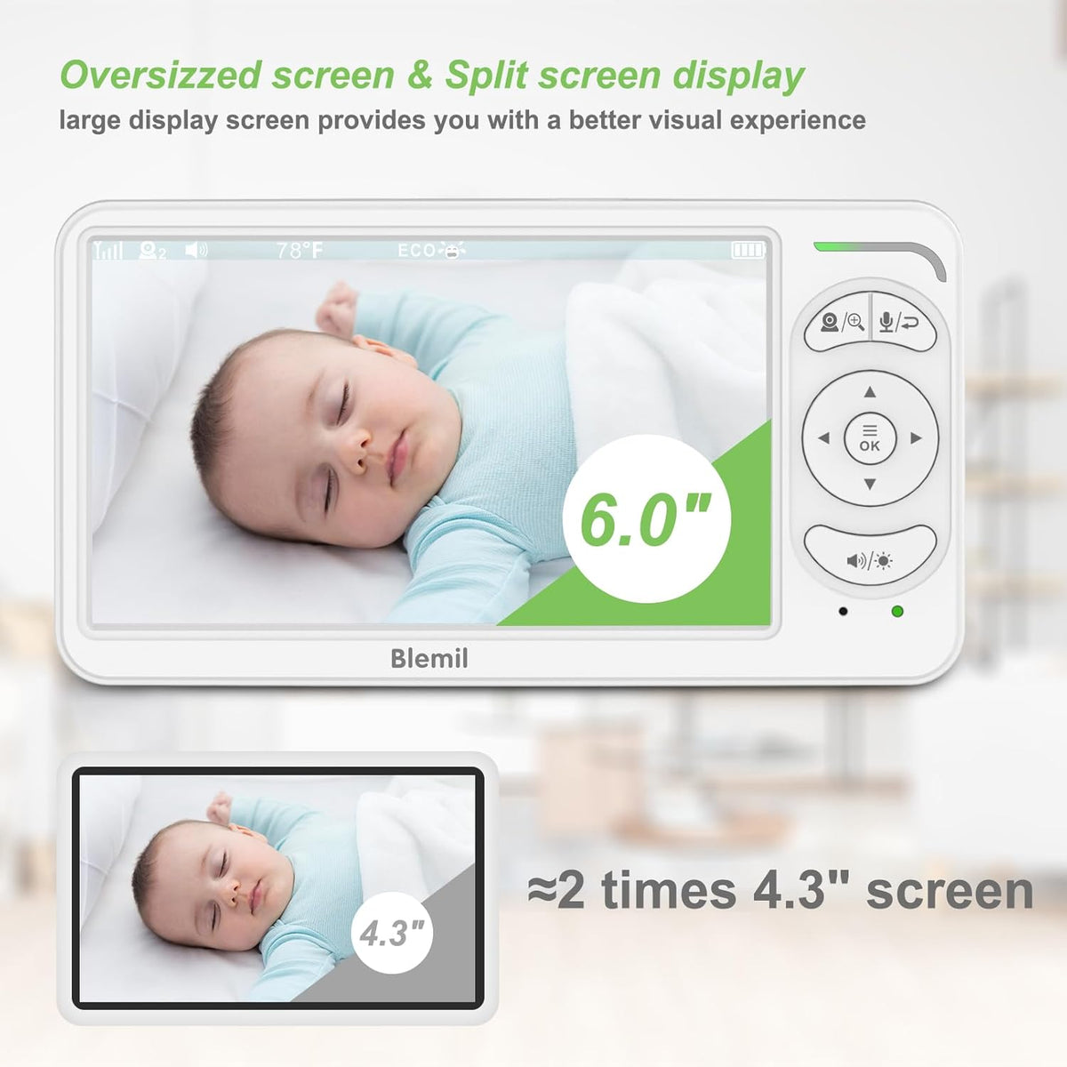 Blemil Babyfoon, Video Babyfoon met 2 Camera's en Audio, 6 IPS Grote Split Screen Remote Pan/Tilt/Zoom Babyfoon, Videomonitorcamera's met helder nachtzicht en 30 uur batterij Levensduur