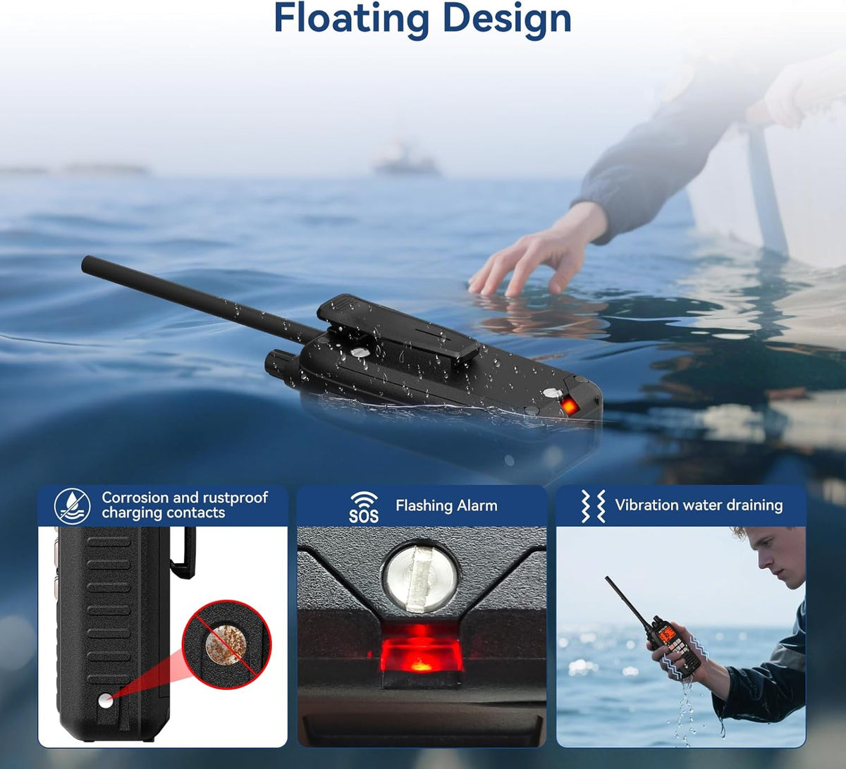 Retevis RM15 VHF Maritieme Radio, IP68 Waterdichte Walkietalkie met Microfoon, 2000 mAh, Tweekleurig Scherm, Internationale Maritieme Kanalen, voor Vissersboten (1 Verpakking)