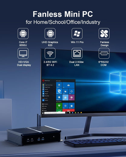 PC Industrial WIN11 Core i7, Industrial Computer Desktop RS232 COM, Dual Lan Mini PC ventilatorloos, 8GB RAM 512GB SSD, HD, VGA, Wi-fi, BT 4.0, 3G/4G SIM Card Slot, Auto Power On