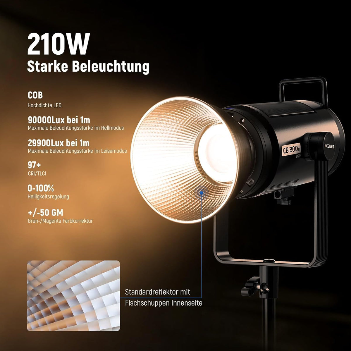 COB-led-videolamp 210 W – Studiolamp – Videolamp – Continuelicht – Fotolamp – Tweekleurig 2700K-6500K – 90.000 Lux/1 m, CRI/TLCI 97+
