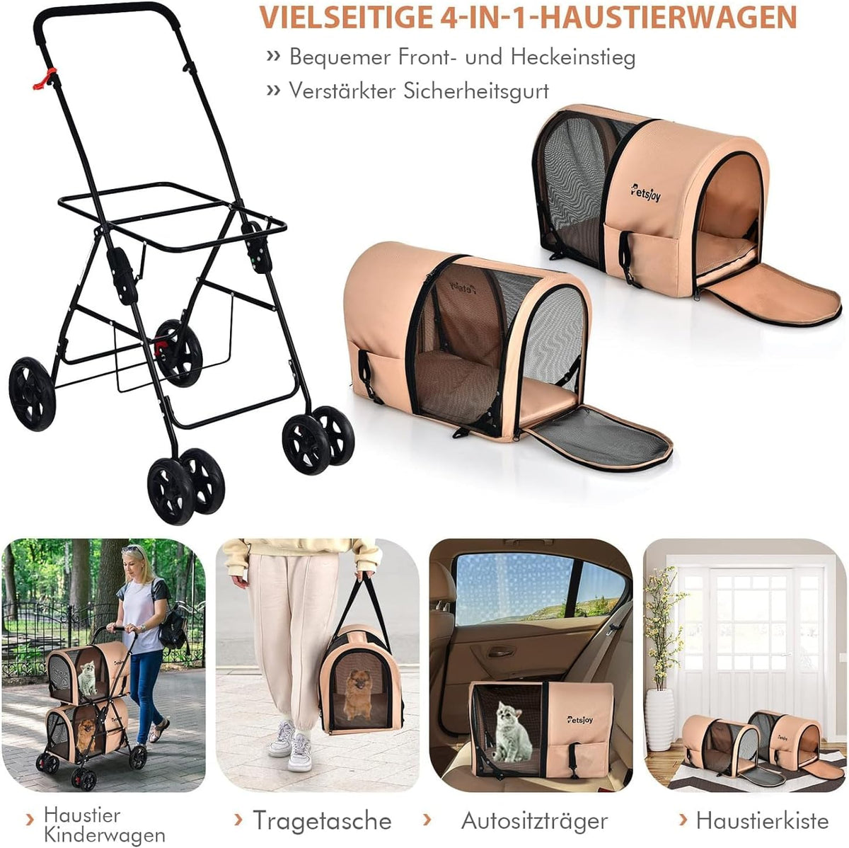 FANTASK Hondenwagen met 2 etages met gaasvensters en bekerhouders, huisdierbuggy tot 16 kg, kattenbuggy voor 2 kleine honden katten, hondenbuggy en aanhanger in beige