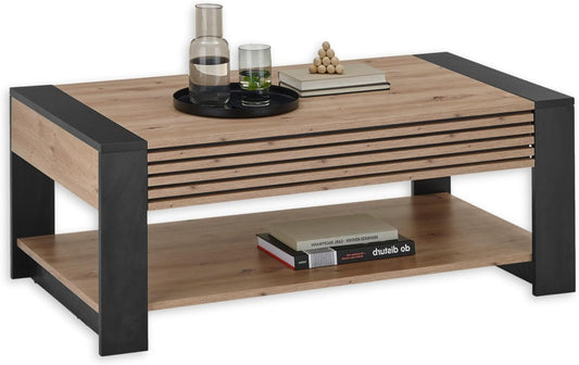Salontafel – Koffietafel – Woonkamertafel – Tafel Met Lade – Houten Tafel – Artisan Eikenlook – Zwart Metalen Frame – 108x42x60 cm