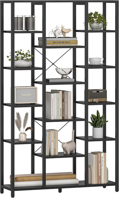 Hzuaneri Bookshelf, 6 Tier Bookcase with 15 Open Shelves, Adjustable Storage Cabinet for Living Room and Home Office, 30 x 100 x 170 cm, Black with Wood Grain BC15004B