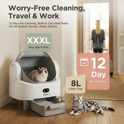 Gimars Open Top Design Zelfreinigende Kattenbak, Automatische Kattenbak voor Meerdere Katten & Senior Katten, App Control met Veiligheidssensoren, Lage Geur, Inclusief Vuilniszakken & Kattenbak, Wit