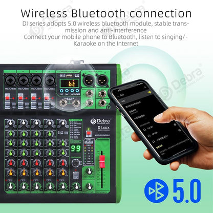 D Debra 6-Kanaals DJ Mixer, 99 DSP Effecten, USB/MP3 Ingang, 48V Fantoomvoeding, Ideaal voor DJ, Karaoke, Thuisstudio