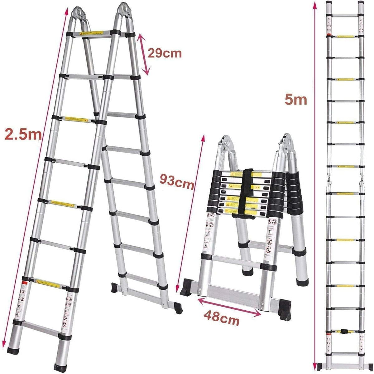 Telescopische ladder van aluminium, vouwladder, multifunctionele ladder, staande ladder, uittrekbare ladder, maximale belasting: 150 kg, zilver