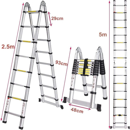 Telescopische ladder van aluminium, vouwladder, multifunctionele ladder, staande ladder, uittrekbare ladder, maximale belasting: 150 kg, zilver