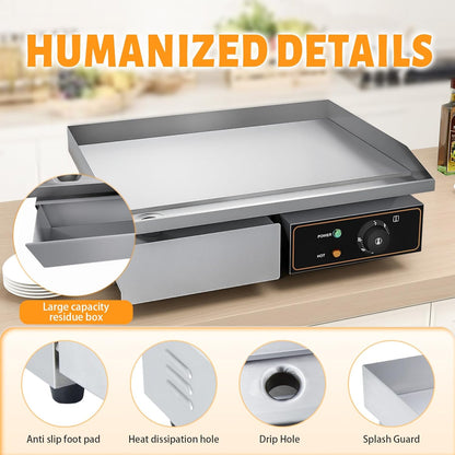 Elektrische grillplaat van gietijzer, 220-240 V, 3000 W, 55 cm × 35,5 cm, thermostaatbediening van 50 tot 300 °C, 18,5 kg spatbescherming, roestvrij staal