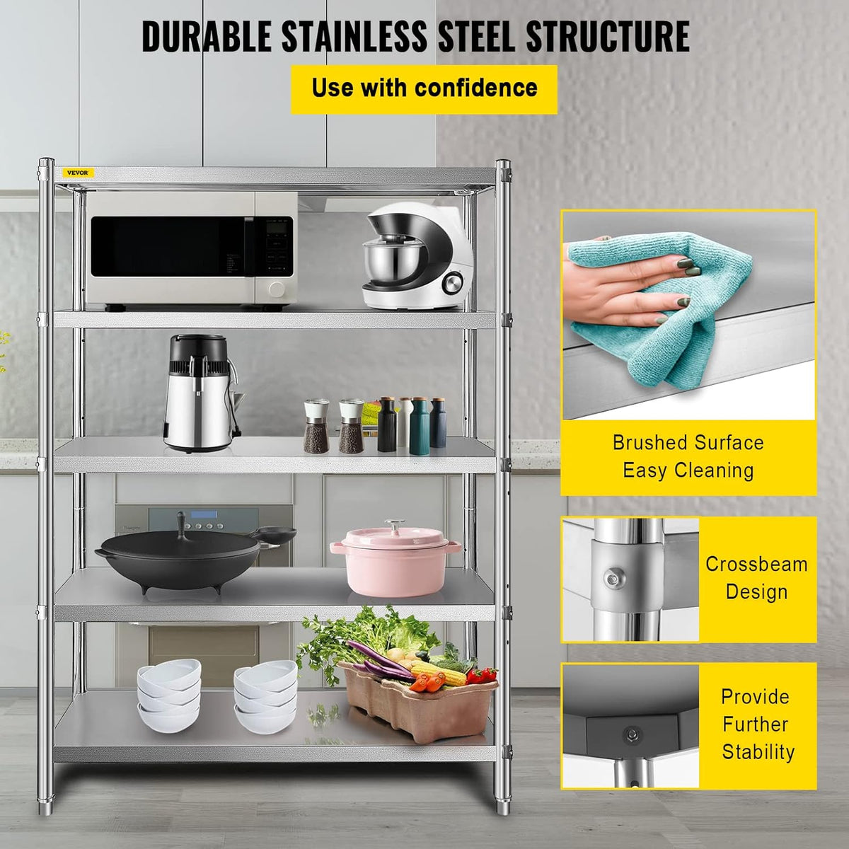 VEVOR Stainless Steel Shelving 48x18.5 Inch 5 Tier Adjustable Shelf Storage Unit Stainless Steel Heavy Duty Racks for Kitchen Commercial Office Garage Storage 350 Lbs Per Shelf