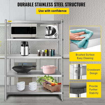 VEVOR Stainless Steel Shelving 48x18.5 Inch 5 Tier Adjustable Shelf Storage Unit Stainless Steel Heavy Duty Racks for Kitchen Commercial Office Garage Storage 350 Lbs Per Shelf