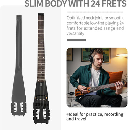 Anygig Reis-elektrische gitaar, ultralicht headless-design met 64 cm palissander-toets, compacte solidbody-oefengitaar met afneembare arm- en beensteunen, zwart