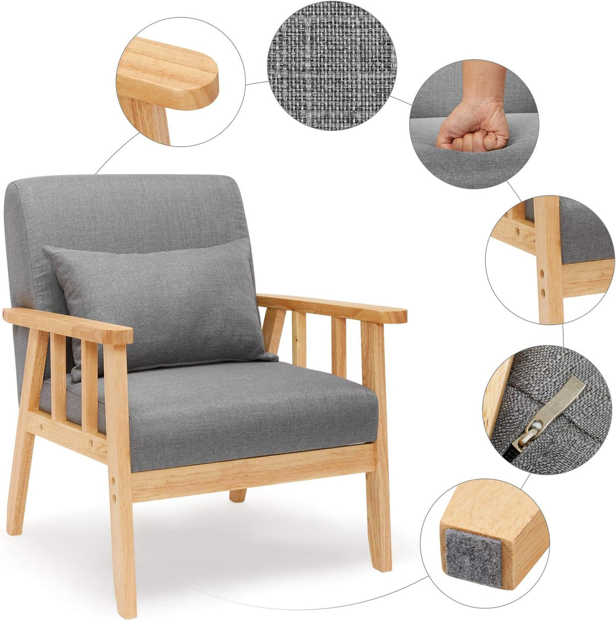Mondeer Fauteuil, linnen, massief houten frame, retro met kussen, voor slaapkamer, woonkamer, balkon, kantoor, donkergrijs