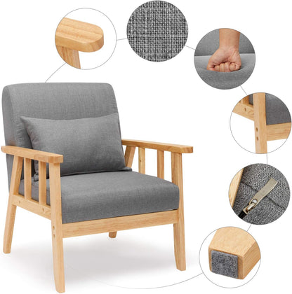 Mondeer Fauteuil, linnen, massief houten frame, retro met kussen, voor slaapkamer, woonkamer, balkon, kantoor, donkergrijs