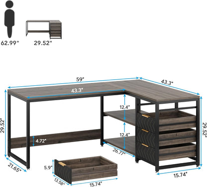 Tribesigns L-Shape Corner Desk with Shelves, Reversible L-Shape, with Monitor Stand and Shelves, for Office, Home, Brown, 150 x 120 x 75 cm (Grey)