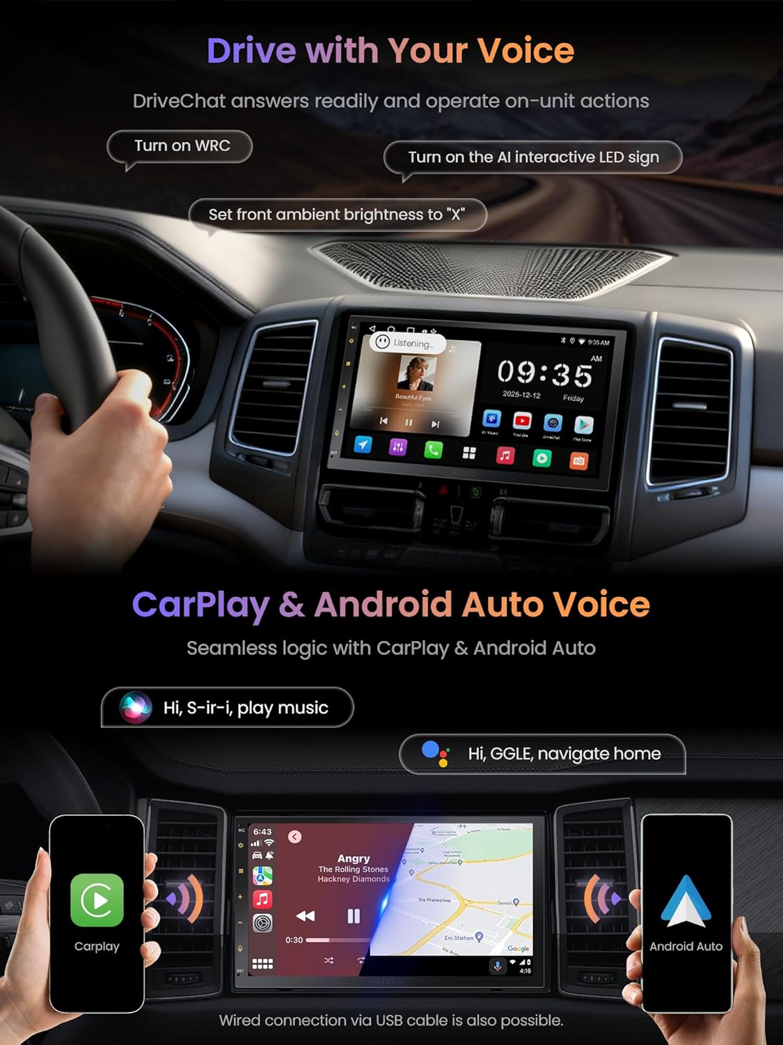 Android Autoradio Dubbele Din, Draadloze CarPlay Android Auto, 7 Inch Touchscreen Autoradio met GPS Navigatie WiFi/BT/SUB, 24-Band EQ, Mirror Link, Achteruitrijcamera, A5LG2B7T-S01