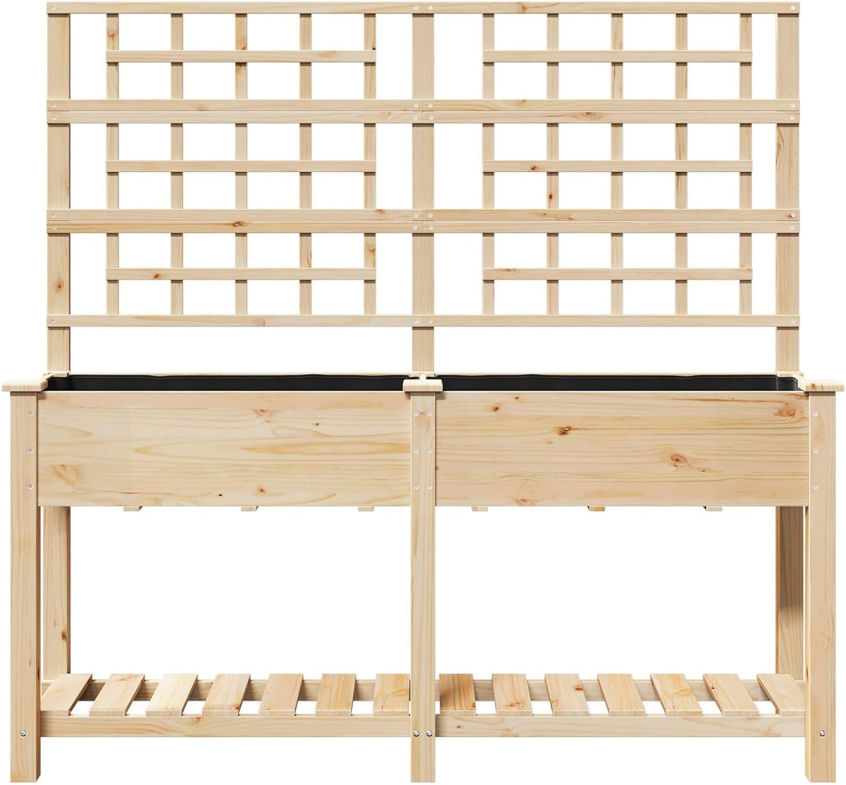 Garden Pot with Planks and Shelf Made of Solid Pine Wood, 161 x 43 x 152 cm, Rectangular Planter, Large for Indoor and Outdoor Use, Beige, Modern Design - QUORE