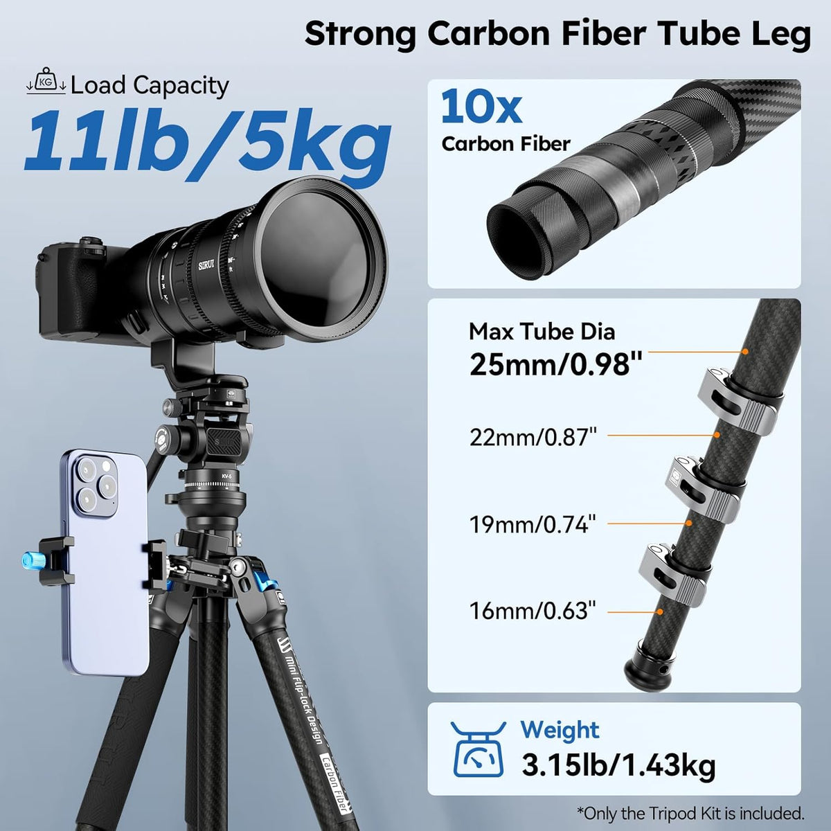 Statief – Reisstatief – Camerastatief – Fotostatief – Videostatief – Koolstofvezel, Vloeistofkop – Lichtgewicht 1,43 Kg, 152 Cm