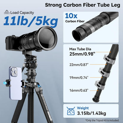 Statief – Reisstatief – Camerastatief – Fotostatief – Videostatief – Koolstofvezel, Vloeistofkop – Lichtgewicht 1,43 Kg, 152 Cm