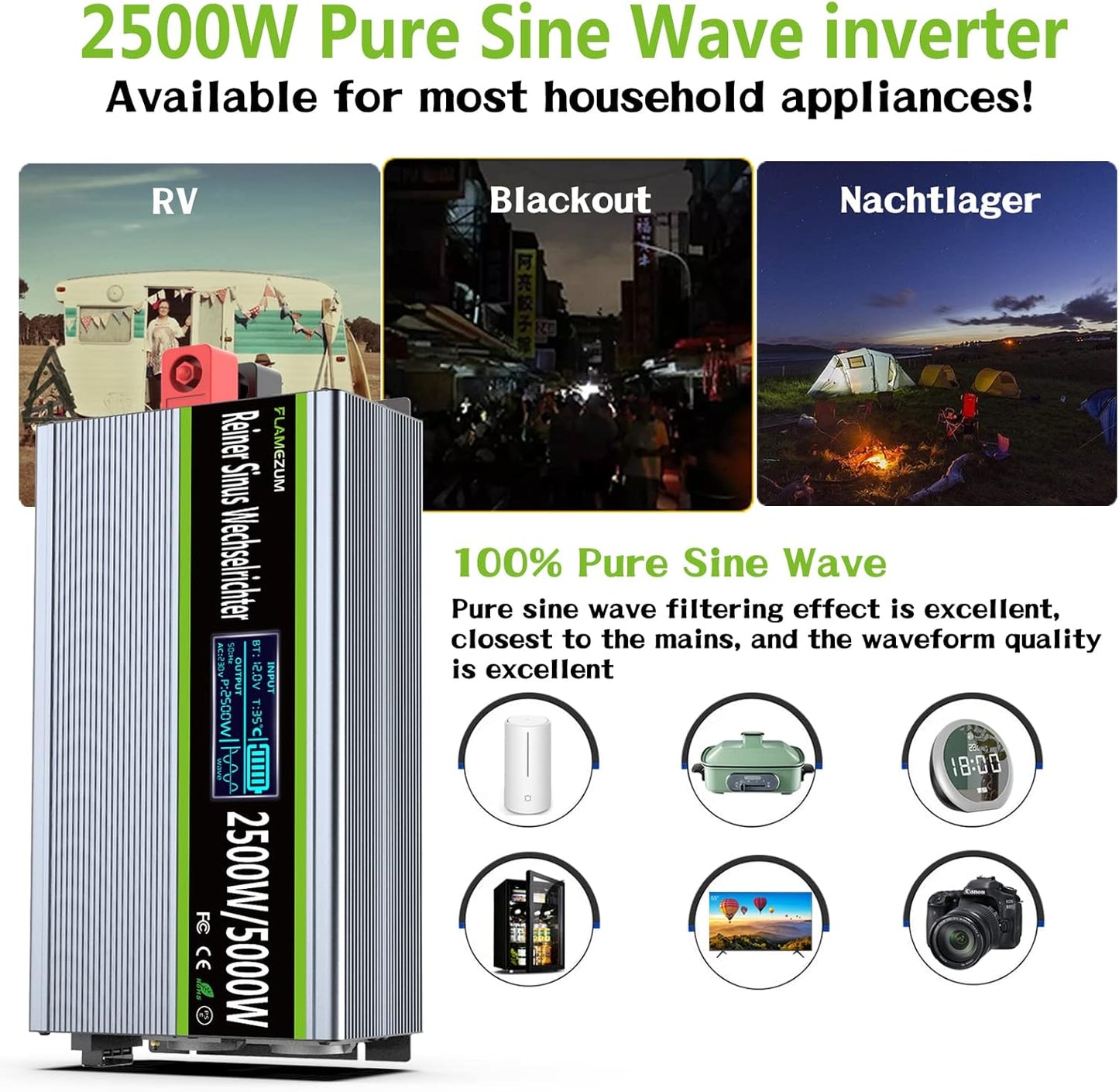 Omvormer 12v naar 230v Zuivere Sinus 2500w Converter Power Inverter Converter met LED-display & EU AC-Stopcontacten & 2 USB-poorten Voor Auto,Caravan,Boot,Camping