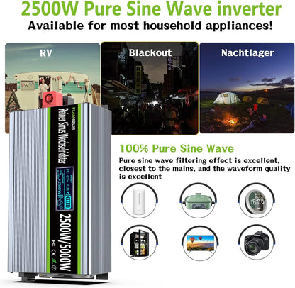 Omvormer 12v naar 230v Zuivere Sinus 2500w Converter Power Inverter Converter met LED-display & EU AC-Stopcontacten & 2 USB-poorten Voor Auto,Caravan,Boot,Camping