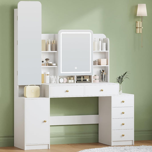 Hzuaneri Large Dressing Table with Lighting, Dressing Table with Makeup Mirror and Jewellery Cabinet, with 8 Open Spaces, 6 Drawers, 1 Storage Cabinet White DT41803XEU