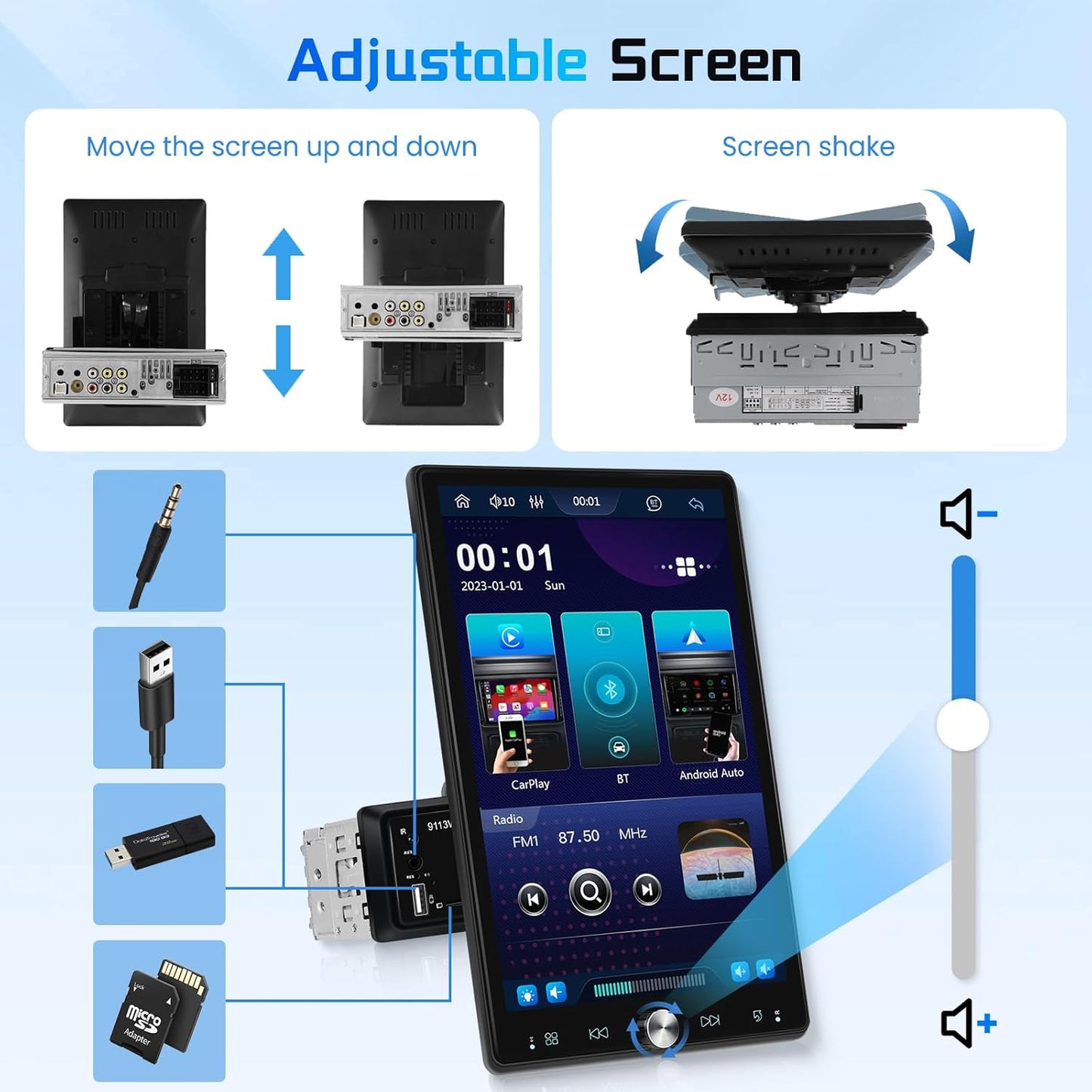 Autoradio, 1 Din met Carplay Android auto, draadloos touchscreen, draaibaar, 10,4 inch stereo, auto, bluetooth radio, FM-spiegel, Link 2 USB-camera