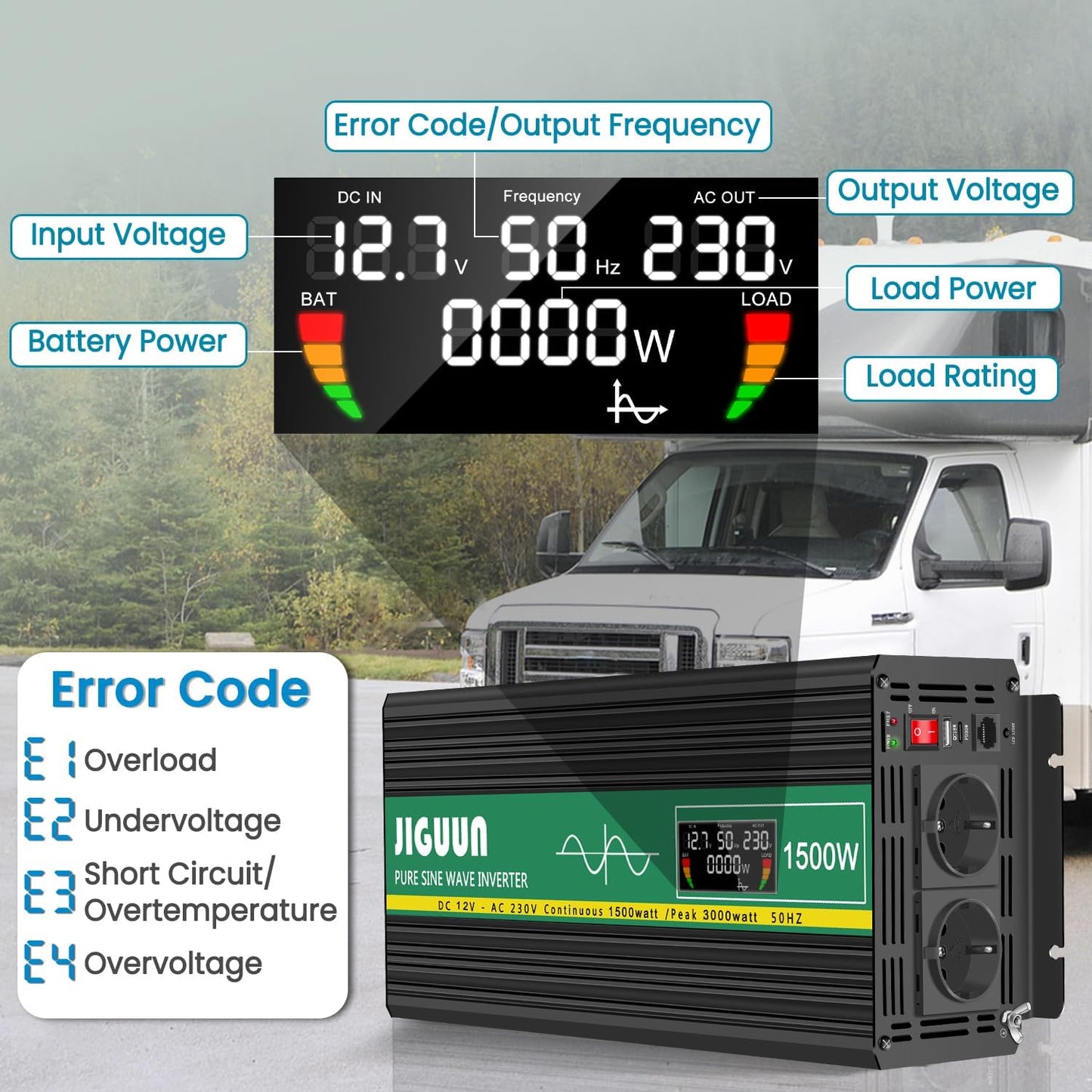 JIGUUN 1500W/3000W omvormer 12v naar 230v zuivere sinus Converter power inverter met afstandsbediening LCD-scherm 2 Eu-stopcontact & 1 USB-poort voor auto, camping, reizen,noodgeval