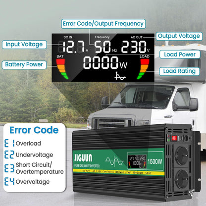 JIGUUN 1500W/3000W omvormer 12v naar 230v zuivere sinus Converter power inverter met afstandsbediening LCD-scherm 2 Eu-stopcontact & 1 USB-poort voor auto, camping, reizen,noodgeval