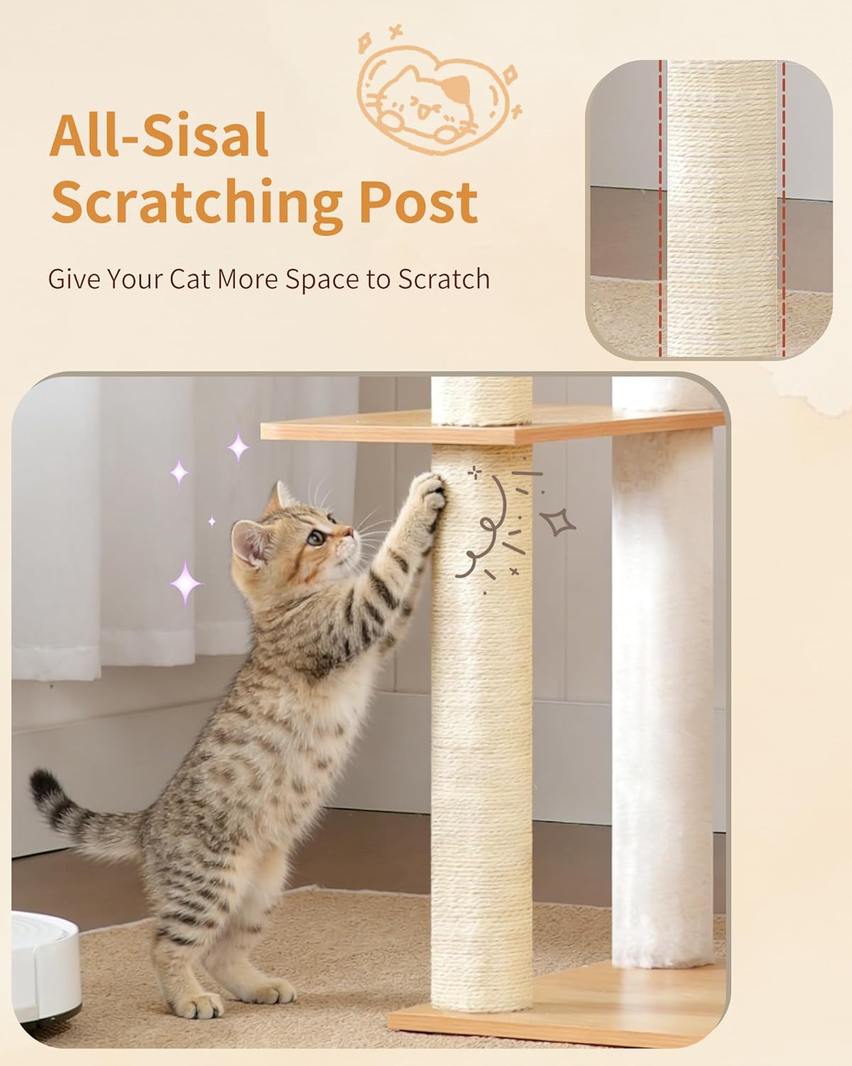 Krabpaal – Kattenboom – Krabmeubel – Klimpaal – Kattenmeubel – Walnootkleur – Duurzaam Sisal – Stabiel Ontwerp - QUORE