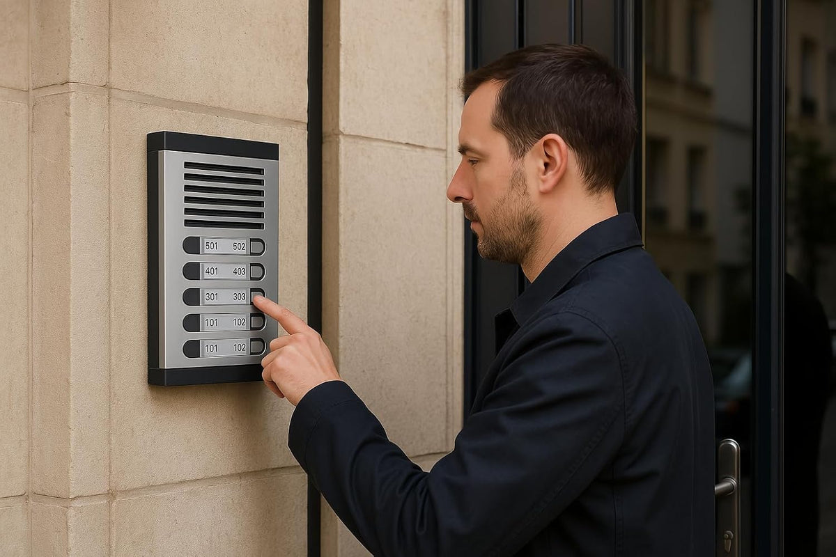 Automatische deurintercom met analoog systeem 4+n, voor gemeenschappen, compleet: straatbord, telefoons, inbouwdoos en voeding. Hoge kwaliteit van productie (5 appartementen)