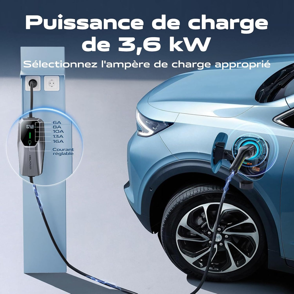 Oplaadkabel type 2, 3,6 kW /10 m oplaadkabel elektrische auto Schuko, 6A-16A led-display, draagbare EV oplader, type 2 oplaadkabel voor elektrische voertuigen met eenfasige EU-Schuko, IP65