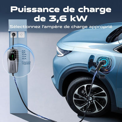 Oplaadkabel type 2, 3,6 kW /10 m oplaadkabel elektrische auto Schuko, 6A-16A led-display, draagbare EV oplader, type 2 oplaadkabel voor elektrische voertuigen met eenfasige EU-Schuko, IP65