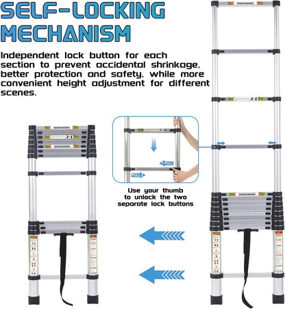 Rikade Telescopische ladder en zolderladder, 3,2 m, robuust aluminium met antislipvoeten, 150 kg capaciteit voor camper, zolder, dak en multi-oppervlak gebruik