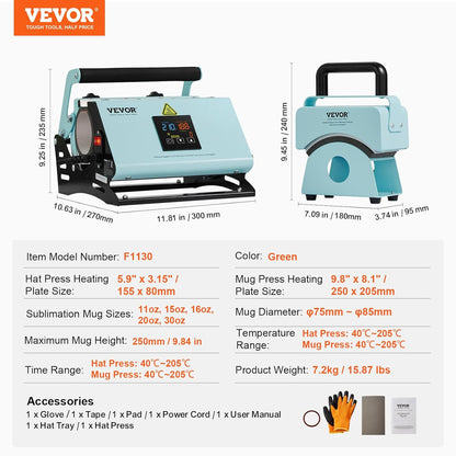 VEVOR 2-in-1 tumbler en hittepersmachine voor hoeden, mutsen, glazen en sublimatiekopjes, 325-887 ml, temperatuur- en tijdregeling, groen
