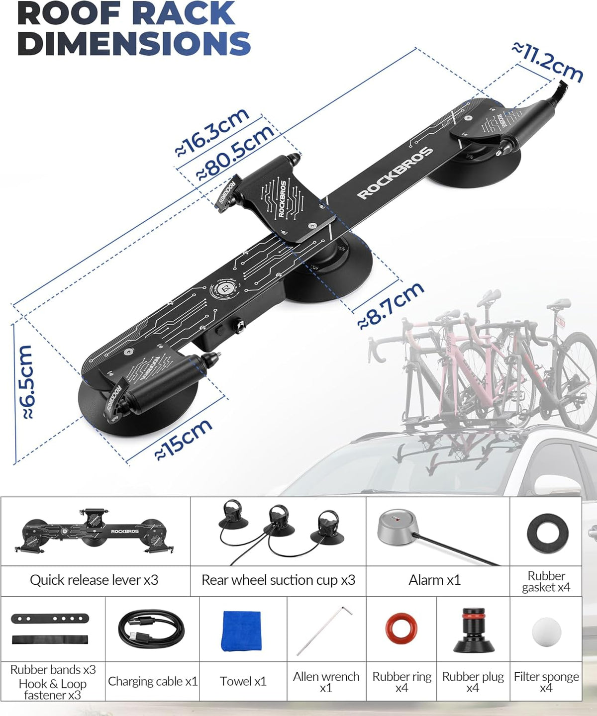 ROCKBROS Electric Bicycle Carrier with Suction Cup Waterproof IP65 Aluminium Bicycle Carrier with Pressure Alarm for 3 Bikes - QUORE