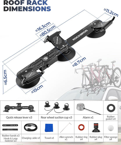 ROCKBROS Electric Bicycle Carrier with Suction Cup Waterproof IP65 Aluminium Bicycle Carrier with Pressure Alarm for 3 Bikes - QUORE