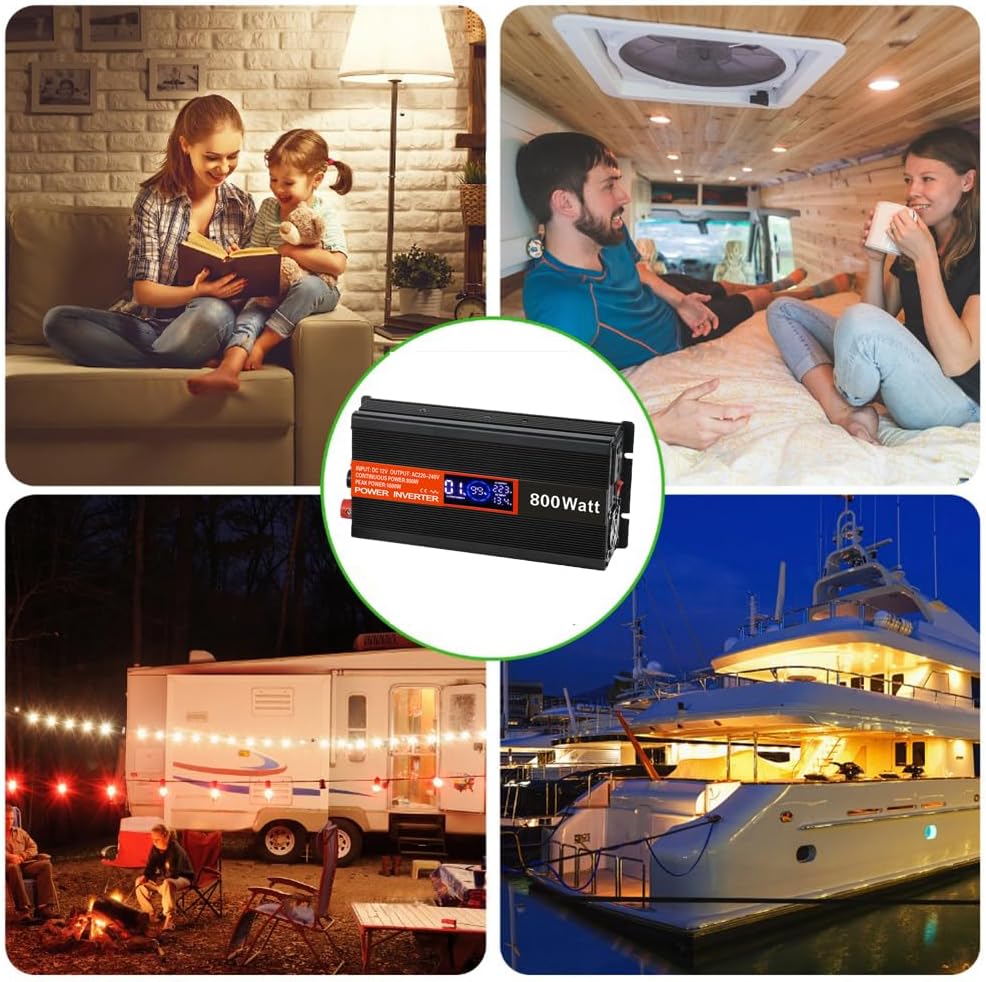 SolaMr 800W Omvormer DC 12V naar AC 220V/240V met LCD-display en USB-oplaadpoorten Hoogfrequent omvormer voor op het voertuig gemonteerde systemen en kamperen in de wildernis, thuissystemen - 800W