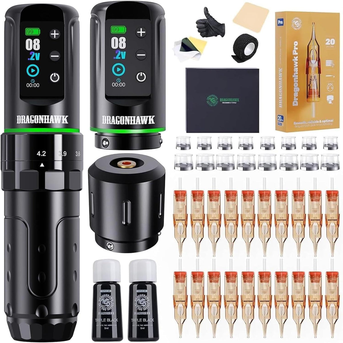 Dragonhawk L3 Tattoo Kit, Wireless Rotary Tattoo Gun Complete Pen Kit, 7 Strokes Length 2pcs Batteries 2000mAh Battery, RCA Connect,Tattoo Needles Cartridges for Beginners (KIT)