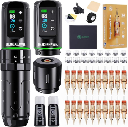 Dragonhawk L3 Tattoo Kit, Wireless Rotary Tattoo Gun Complete Pen Kit, 7 Strokes Length 2pcs Batteries 2000mAh Battery, RCA Connect,Tattoo Needles Cartridges for Beginners (KIT)