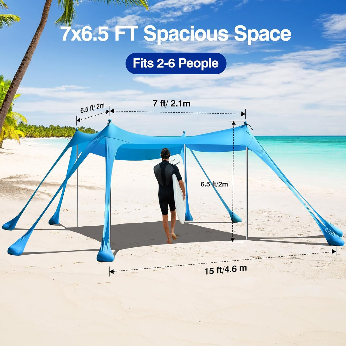 Rhino Valley Strandtent, 7 x 6,5 FT strandschaduw UPF50+ bescherming, strandluifel met 8 zandzakken, 4 stabiliteitspalen, outdoor strandtent, zonnescherm voor zand, camping, visbenodigdheden