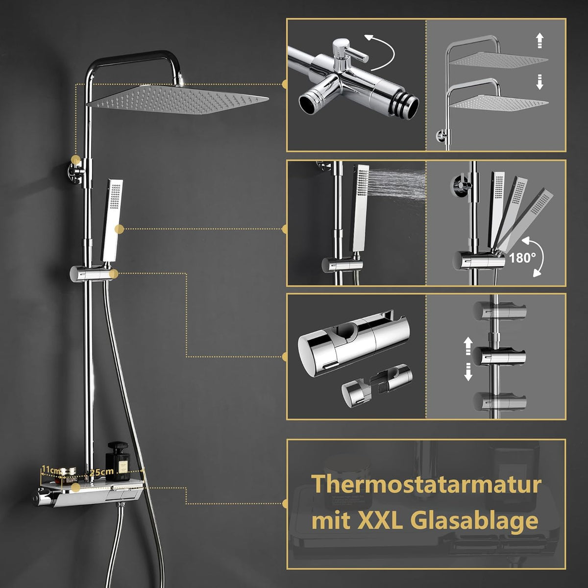Roestvrijstalen Doucheset – Douchesysteem – Regendouche – Douchekolom – Handdouche – Thermostatische Mengkraan – XXL Regenhoofddouche 35x25 cm – Roestvrij Staal