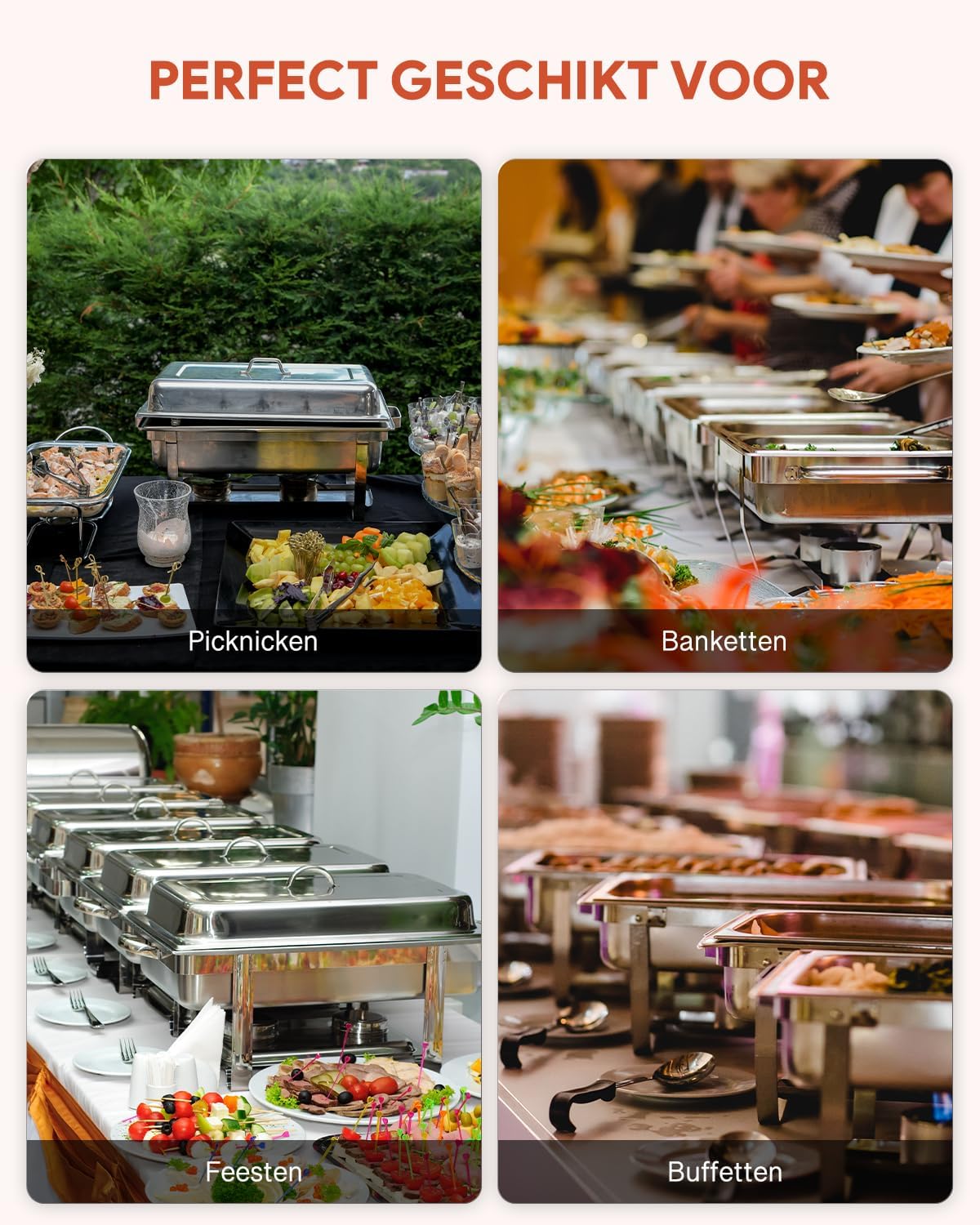 VONLUCE Chafing Dish Voedselverwarming, 9 l, 4 stuks roestvrijstalen warmtetank voor warmtetrank, roestvrijstalen buffetset, voor catering, buffet en feesten (zilver)