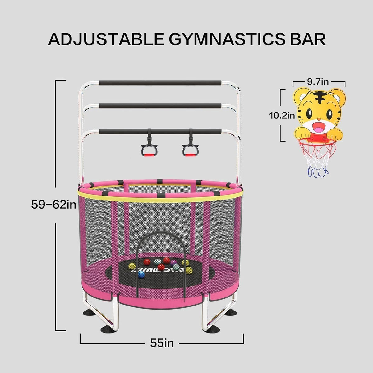 Trampoline voor kinderen, verstelbare baby peuter trampoline met basketbalring, 420 lbs indoor outdoor peuter trampoline met behuizing