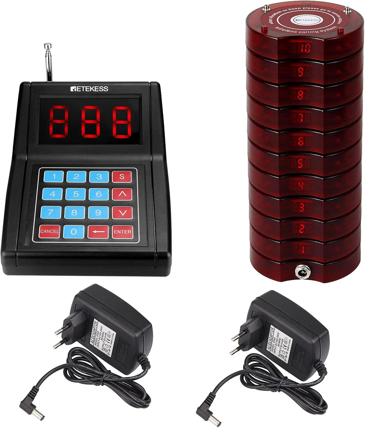 Oproepsysteem – Pager Systeem – Semafoonsysteem – Wachtrijsysteem – Bellersysteem – Groot Bereik 300m – 3 Oproepmodi – Rood – 10 Oplaadbare Pagers – Tot 999 Uitbreidbaar