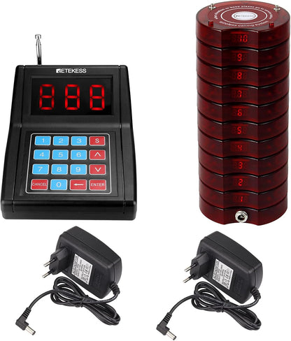 Oproepsysteem – Pager Systeem – Semafoonsysteem – Wachtrijsysteem – Bellersysteem – Groot Bereik 300m – 3 Oproepmodi – Rood – 10 Oplaadbare Pagers – Tot 999 Uitbreidbaar