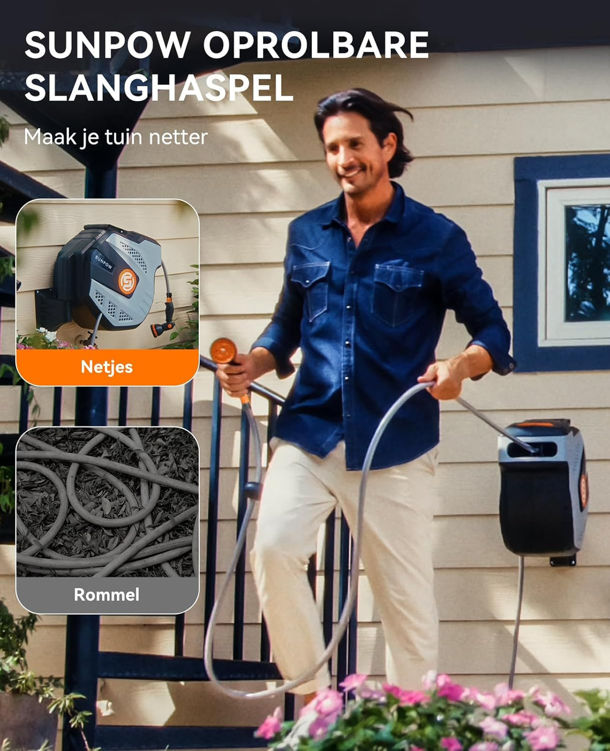 SUNPOW Slanghaspel voor Wandmontage - 35mx12mm - Willekeurige Lengte Vergrendeling, Automatisch Oprolsysteem, 180° Draaibare Beugel - 19mm Aansluiting en 10-Functie Sproeikop - Grijs