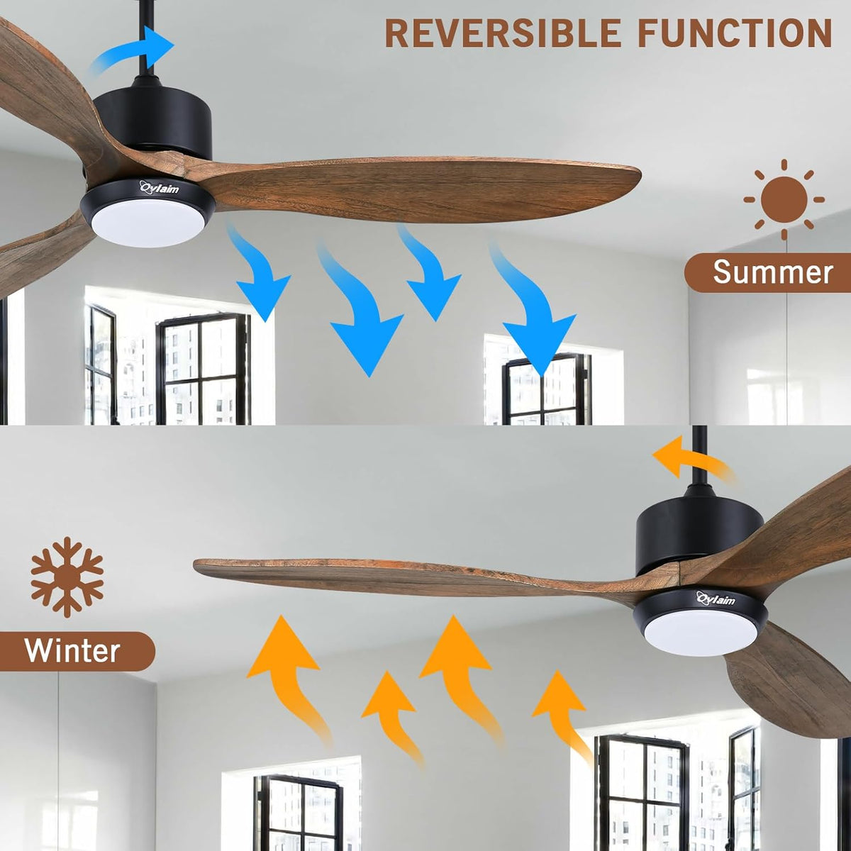Ovalim 132 cm binnen buiten 3 bladen propeller Smart plafondventilator, stille DC motor massief houten plafondventilator met lichtafstandsbediening, app-besturing
