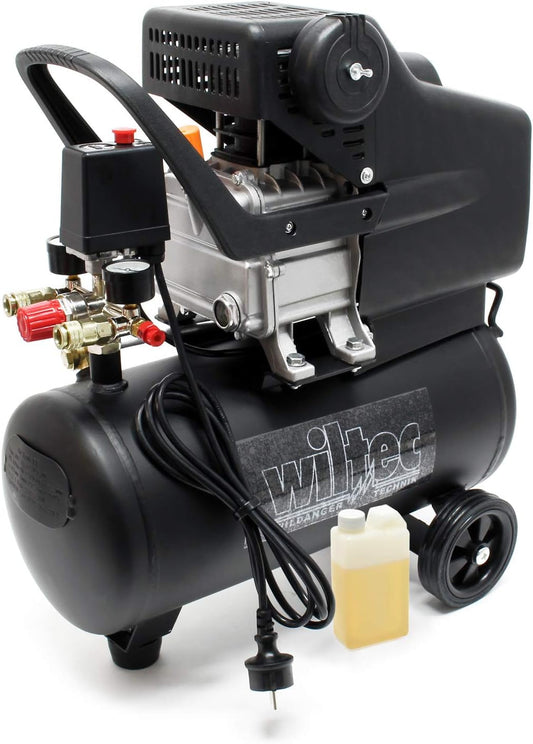 Wiltec luchtcompressor met 24 liter tank 1100 W werkplaatscompressor 8 bar en 1,1 kW, mobiele compressor voor luchtdruk en perslucht