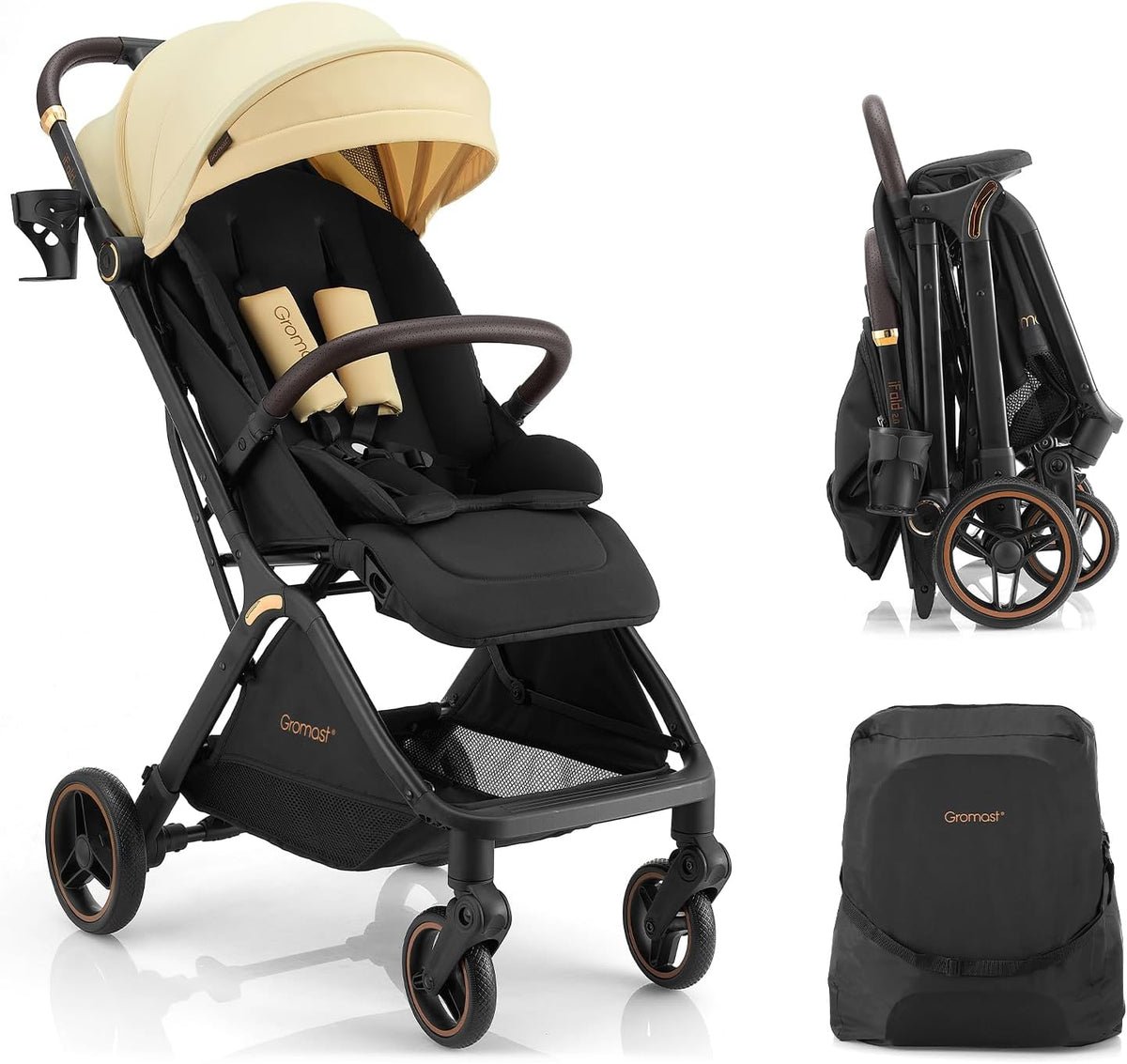 Gromast Gravity Opvouwbare babybuggy met verstelbare rugleuning en zonnedak, lichtgewicht en uv-bescherming, met één hand automatisch inklapbaar, beige