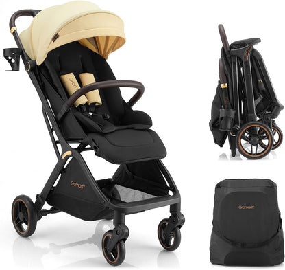 Gromast Gravity Opvouwbare babybuggy met verstelbare rugleuning en zonnedak, lichtgewicht en uv-bescherming, met één hand automatisch inklapbaar, beige